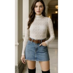 Laundry‎ by Shelli Segal Lace Mock Turtleneck Top Women's White Sheer Long Sz S